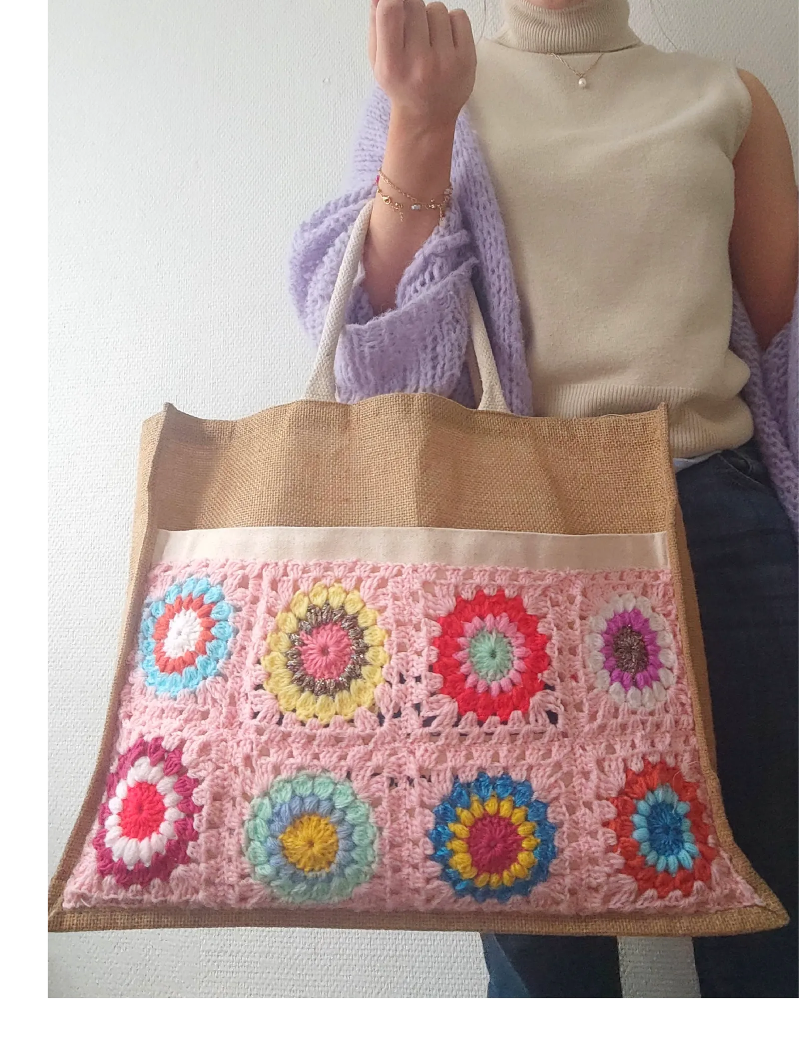 Handmade colorful crochet tote bag